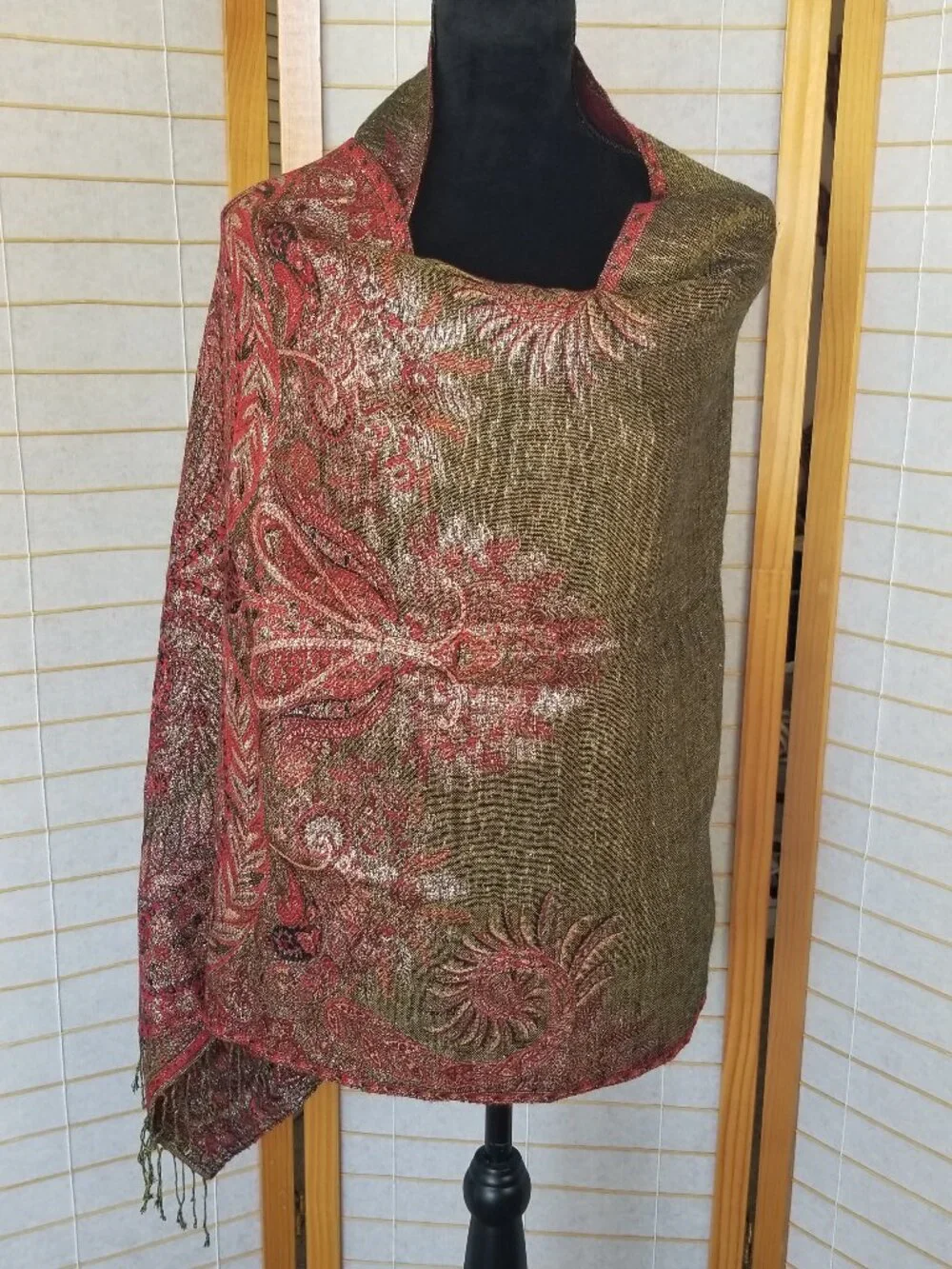 Wool Blanket Scarf Olive Green Brick Red Gold Metallic Threads Paisley Reverses